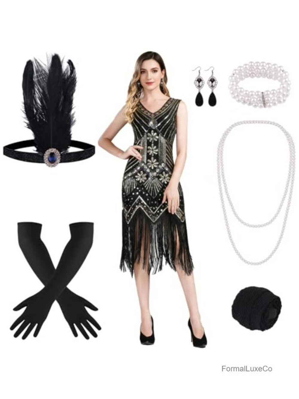 1920s Flapper Sequin Dress Costume Set Fringed Midi Gatsby Party